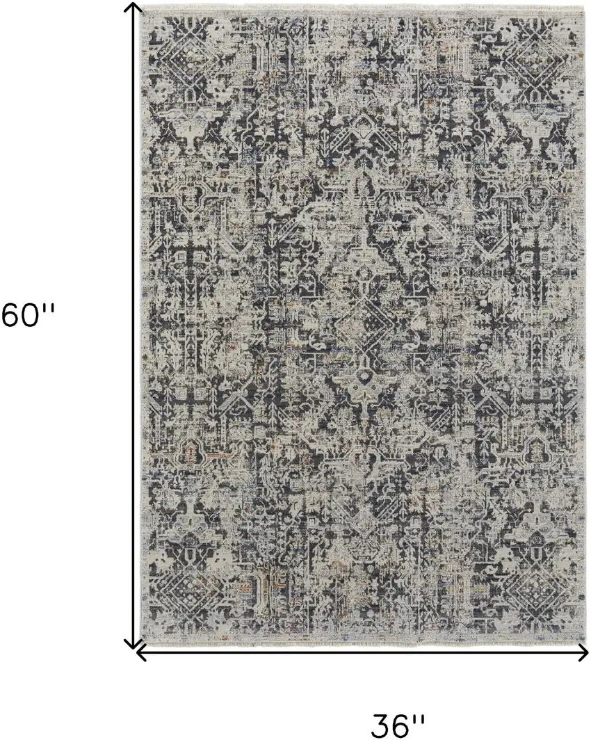Ivory and Gray Abstract Power Loom Worn Faded Area Rug With Fringe Photo 3