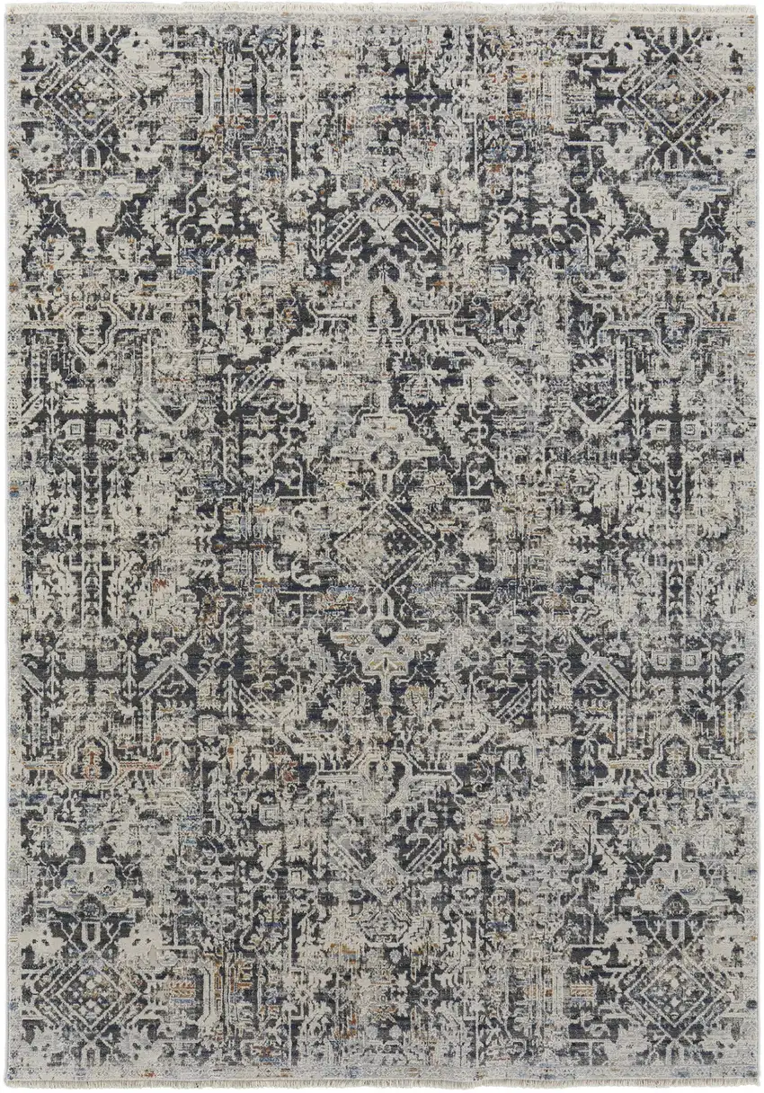 Ivory and Gray Abstract Power Loom Worn Faded Area Rug With Fringe Photo 2