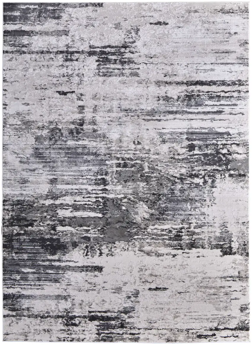 Ivory and Gray Abstract Power Loom Worn Faded Area Rug Photo 2
