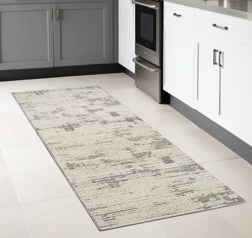 8' Gray And Ivory Geometric Runner Rug Photo 2