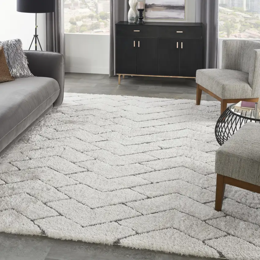 Ivory and Gray Chevron Shag Area Rug Photo 3
