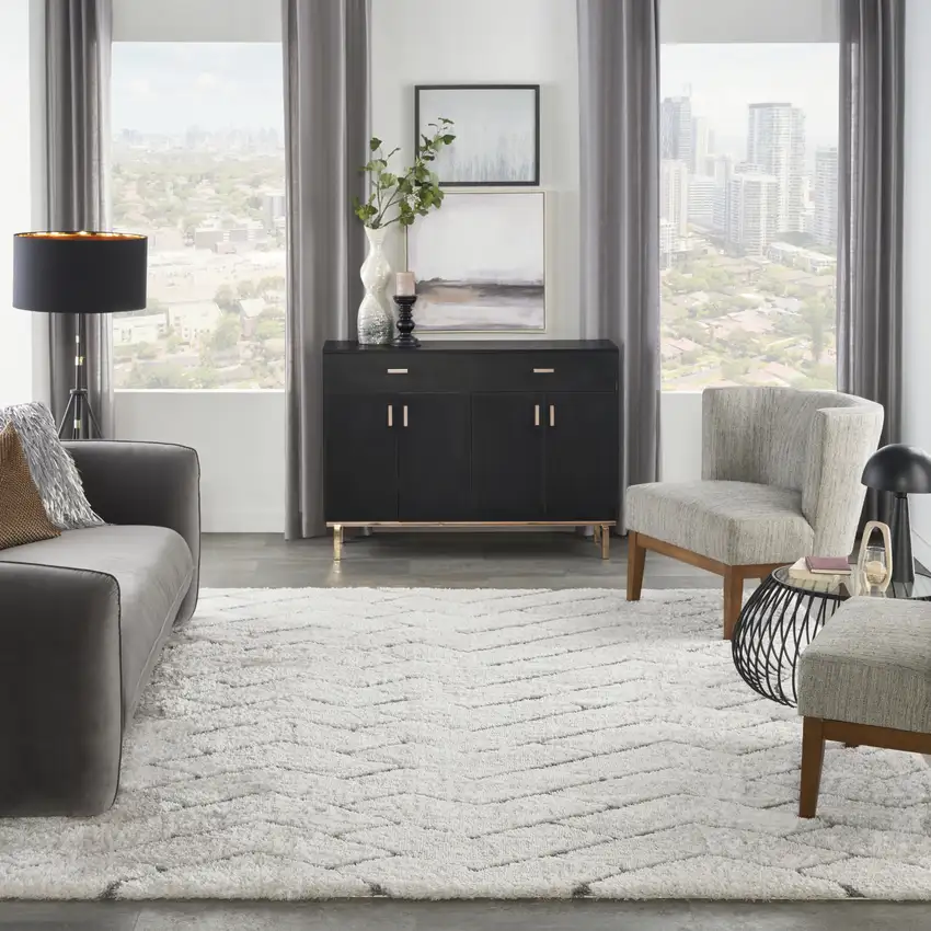 Ivory and Gray Chevron Shag Area Rug Photo 5