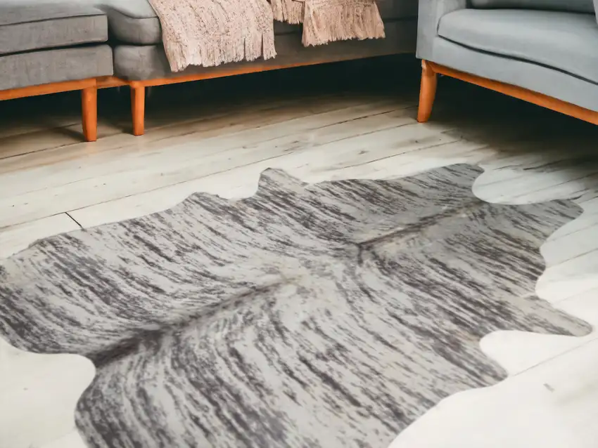 Ivory and Gray Cowhide Striped Hand Knotted Area Rug Photo 2