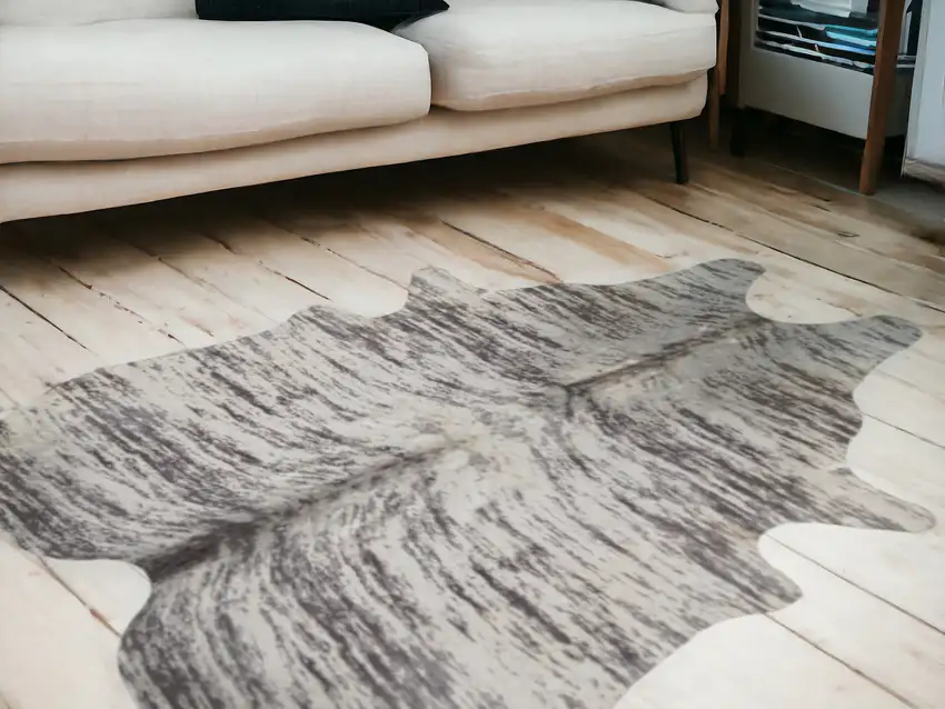 Ivory and Gray Cowhide Striped Hand Knotted Area Rug Photo 3