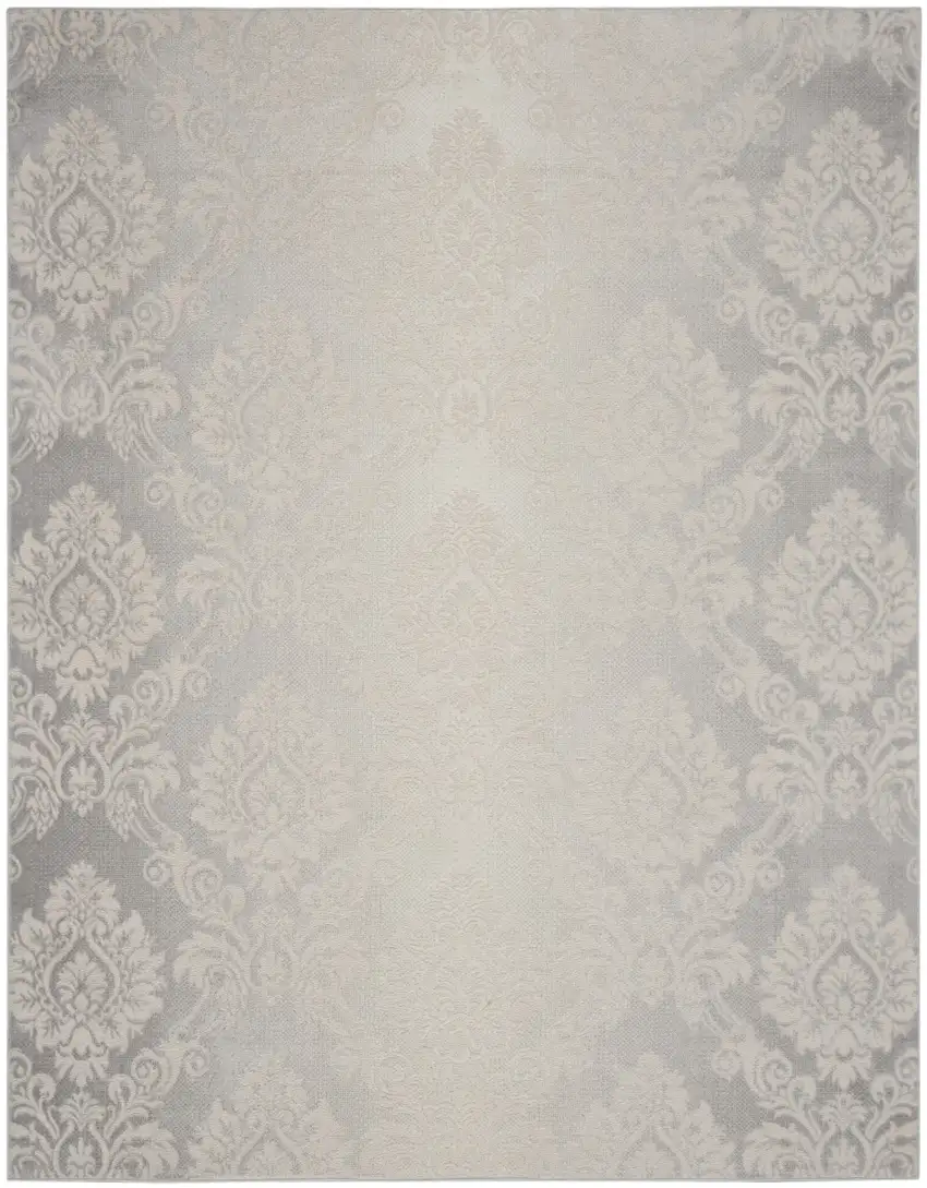 Ivory and Gray Damask Distressed Non Skid Area Rug Photo 9