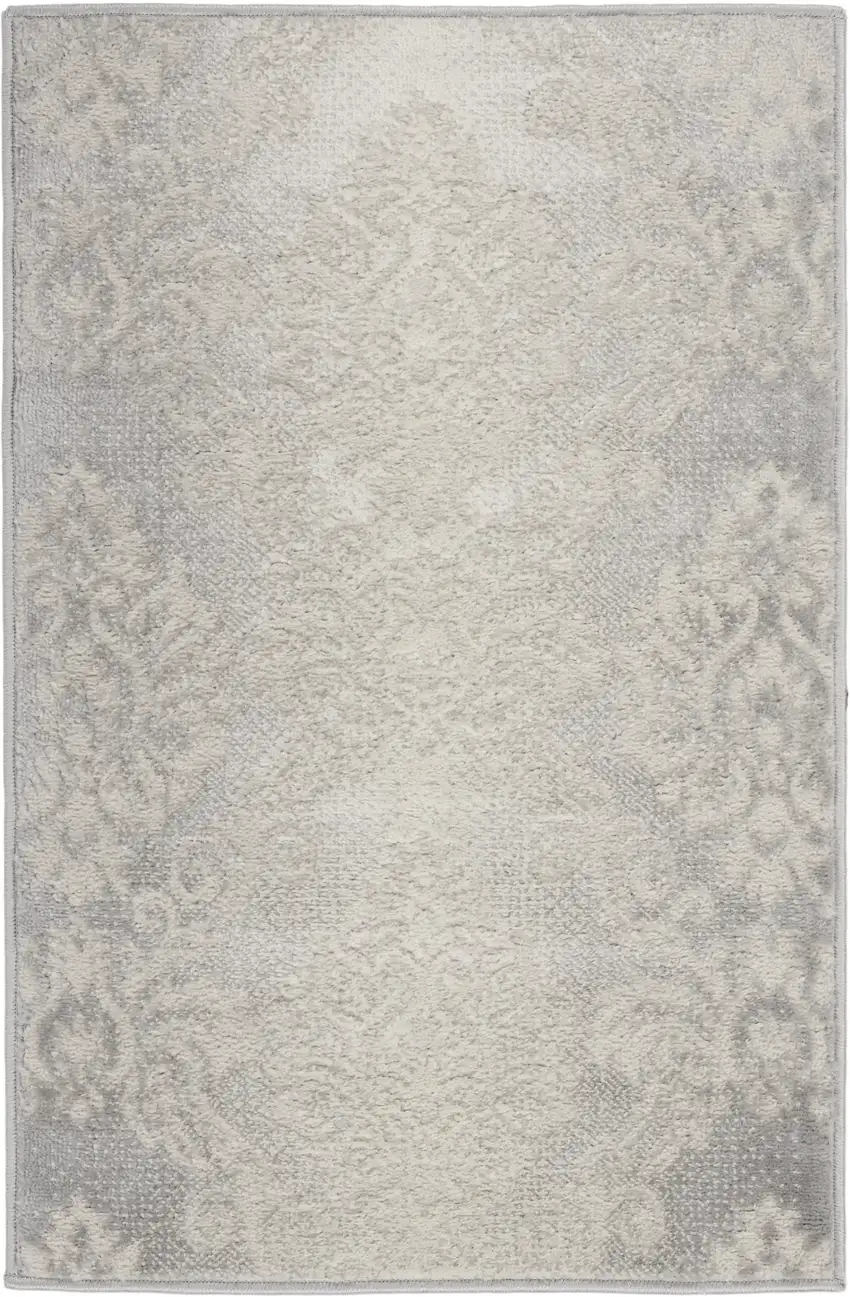 Ivory and Gray Damask Distressed Non Skid Area Rug Photo 2