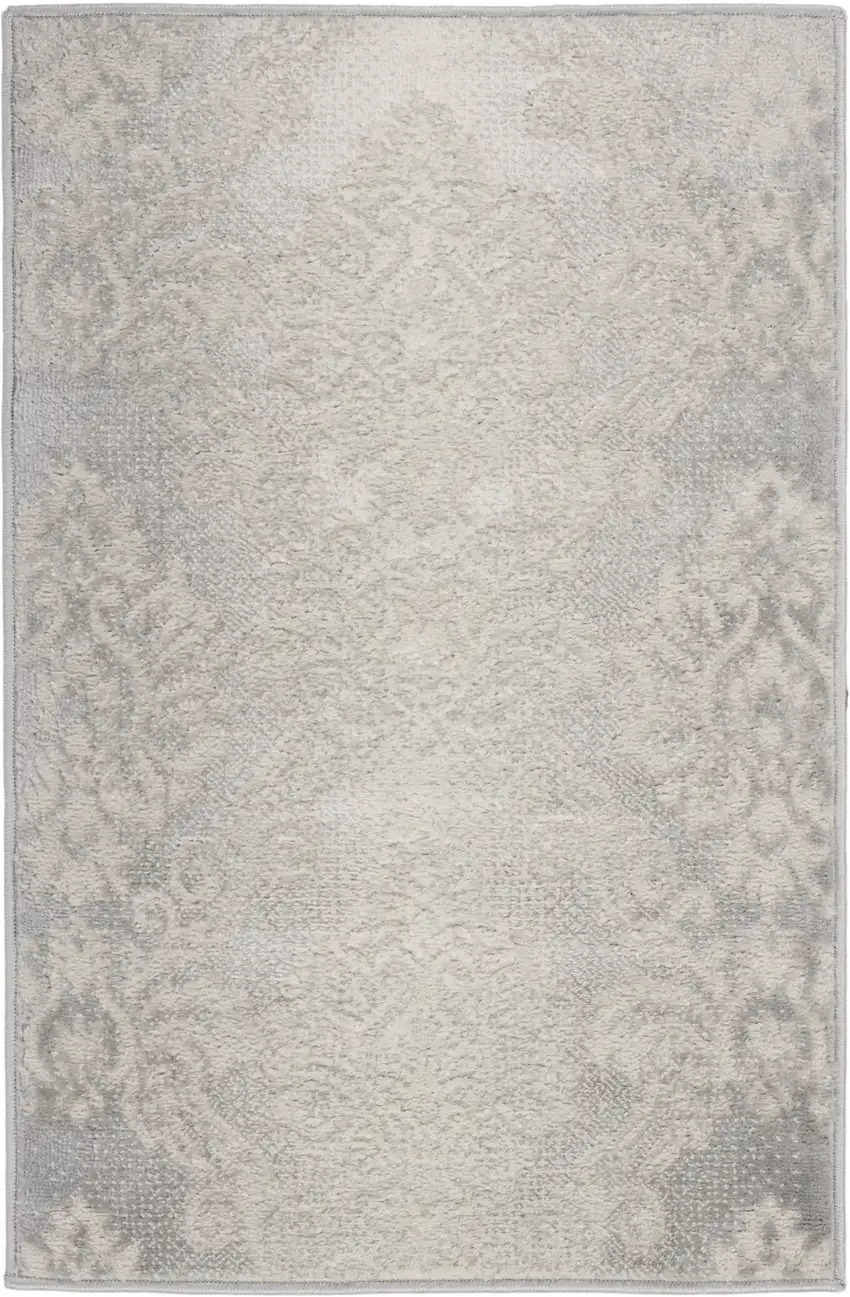Ivory and Gray Damask Distressed Non Skid Area Rug Photo 1