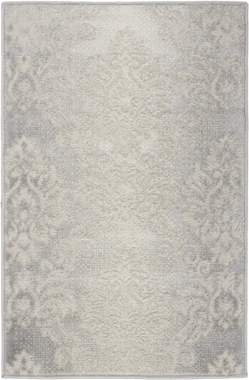 Ivory and Gray Damask Distressed Non Skid Area Rug Photo 5