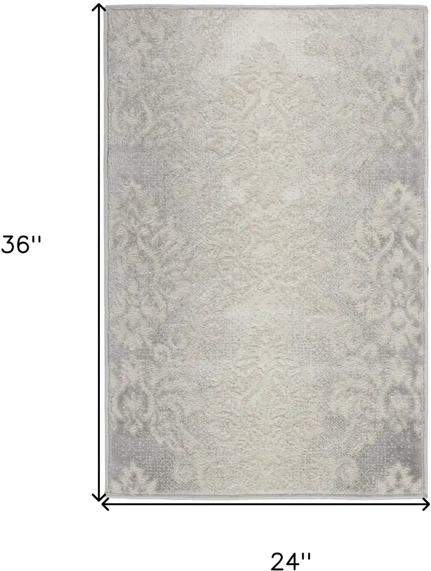 Ivory and Gray Damask Distressed Non Skid Area Rug Photo 3