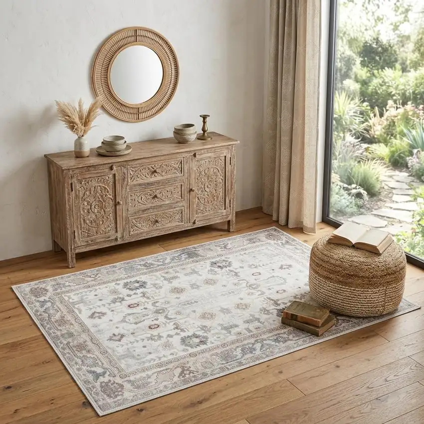 Ivory and Gray Floral Distressed Non Skid Area Rug Photo 1