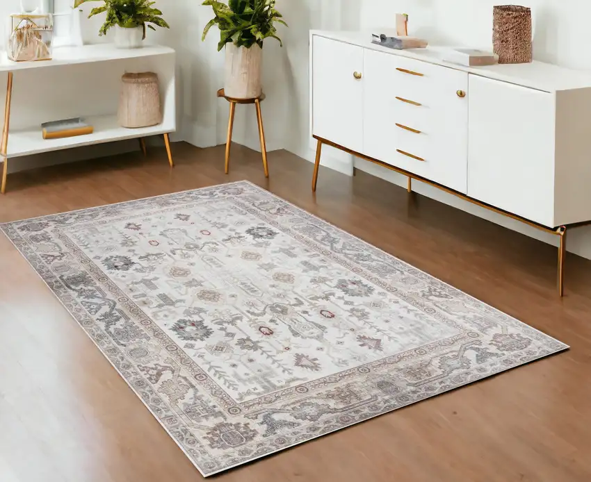 Ivory and Gray Floral Distressed Non Skid Area Rug Photo 1