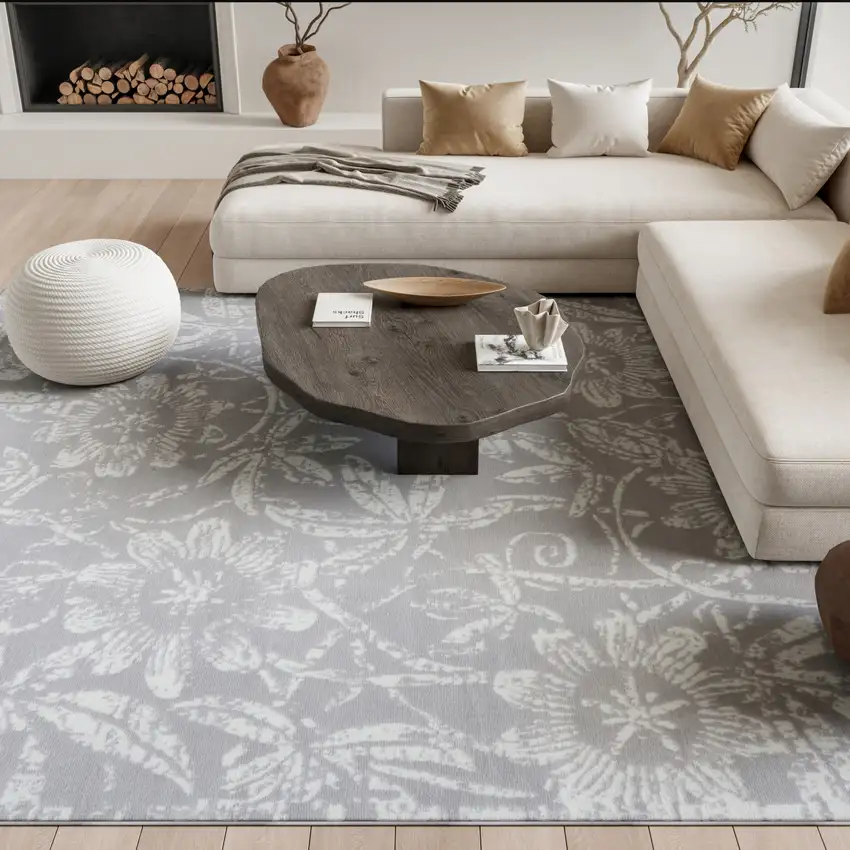 Ivory and Gray Floral Distressed Non Skid Area Rug Photo 4