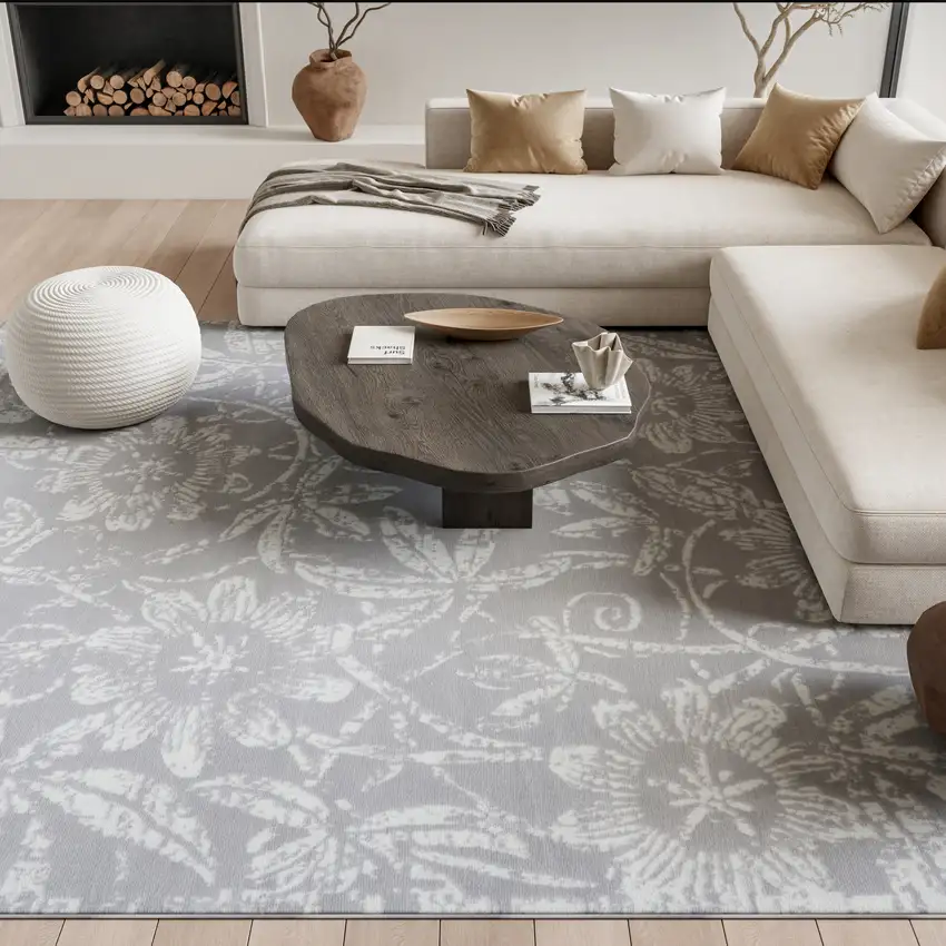 Ivory and Gray Floral Distressed Non Skid Area Rug Photo 5