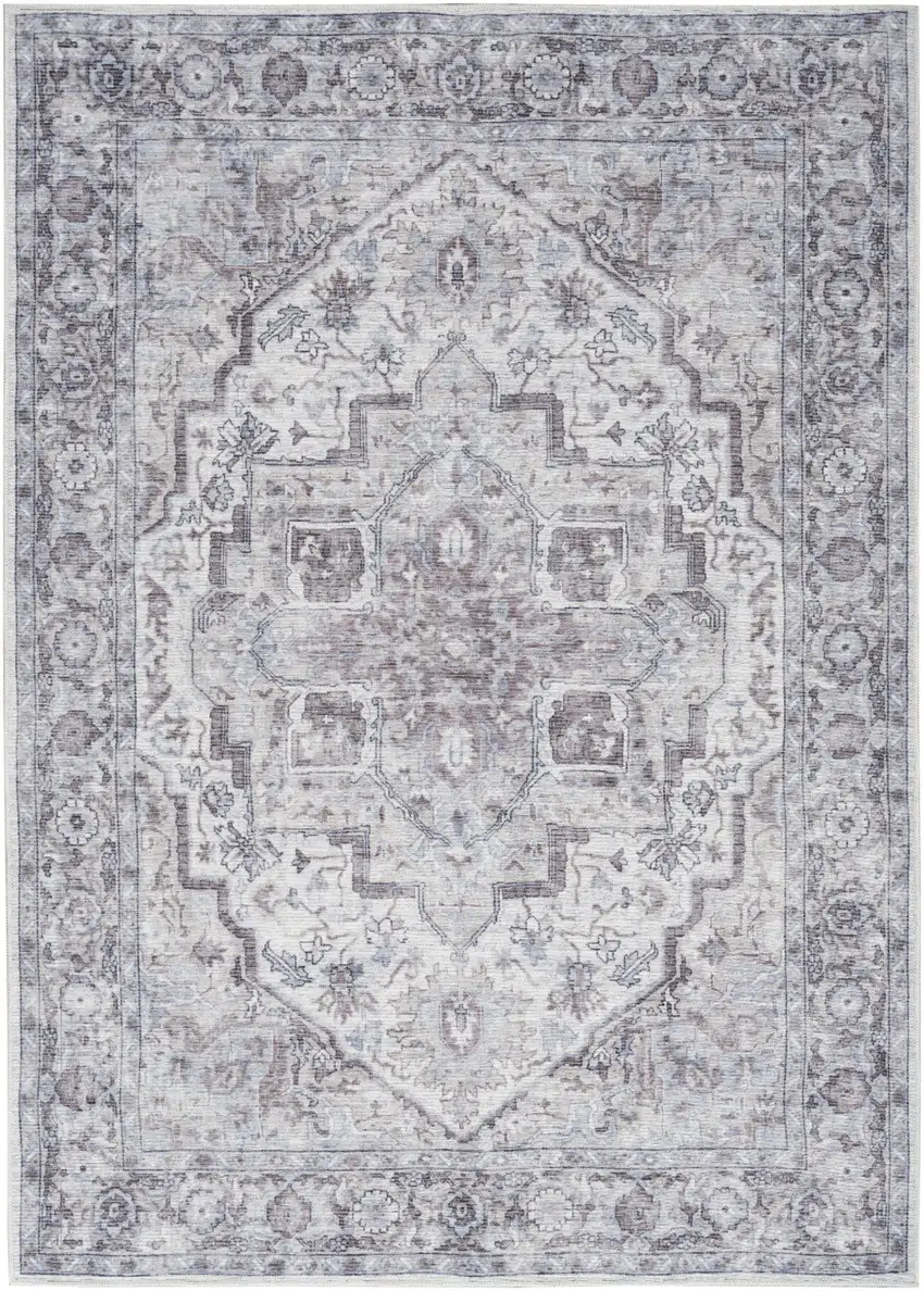 Ivory and Gray Floral Medallion Power Loom Distressed Area Rug Photo 2