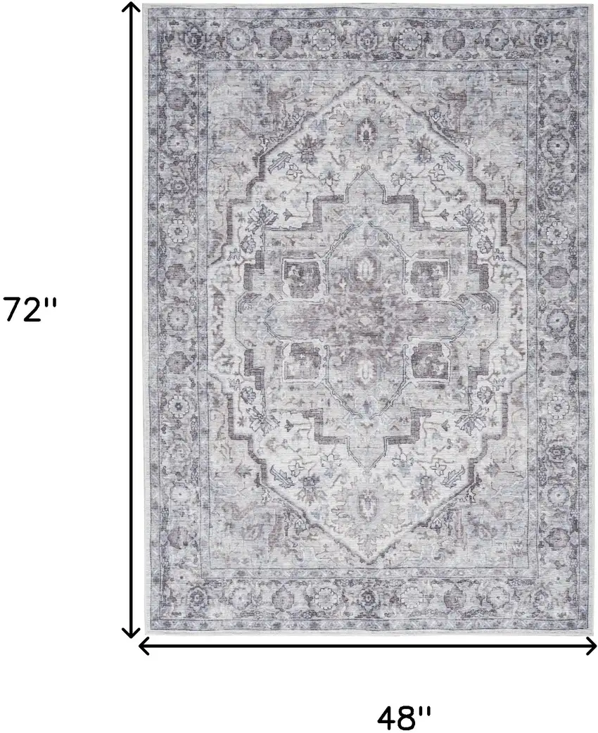 Ivory and Gray Floral Medallion Power Loom Distressed Area Rug Photo 3