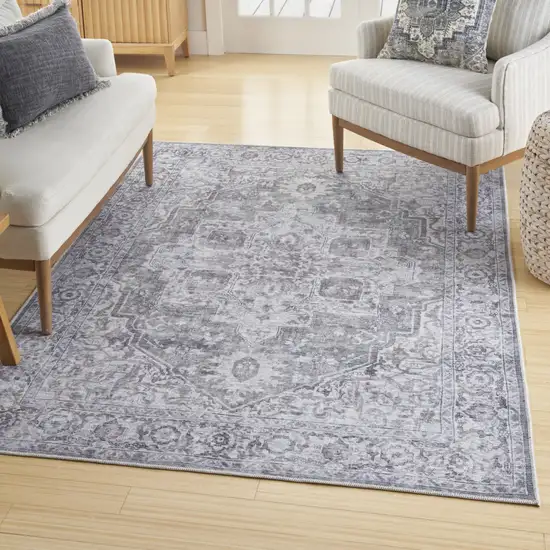 Ivory and Gray Floral Medallion Power Loom Distressed Area Rug Photo 5