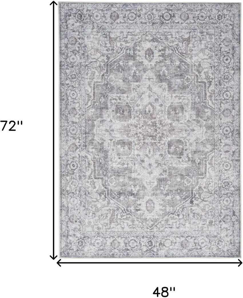 Ivory and Gray Floral Medallion Power Loom Distressed Area Rug Photo 3