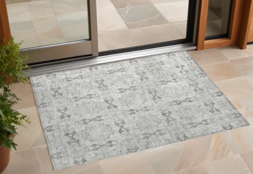 Ivory and Gray Floral Medallion Washable Non Skid Indoor Outdoor Area Rug Photo 1