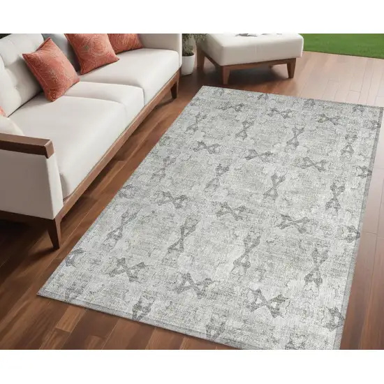 Ivory and Gray Floral Medallion Washable Non Skid Indoor Outdoor Area Rug Photo 1