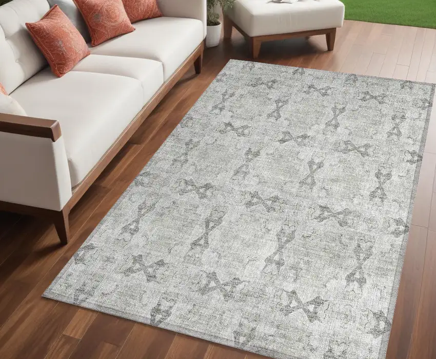 Ivory and Gray Floral Medallion Washable Non Skid Indoor Outdoor Area Rug Photo 1