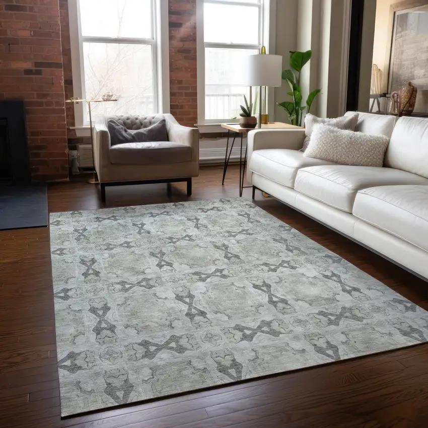 Ivory and Gray Floral Medallion Washable Non Skid Indoor Outdoor Area Rug Photo 9