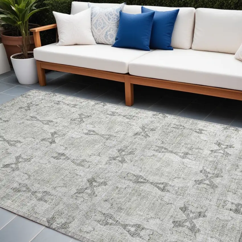 Ivory and Gray Floral Medallion Washable Non Skid Indoor Outdoor Area Rug Photo 1
