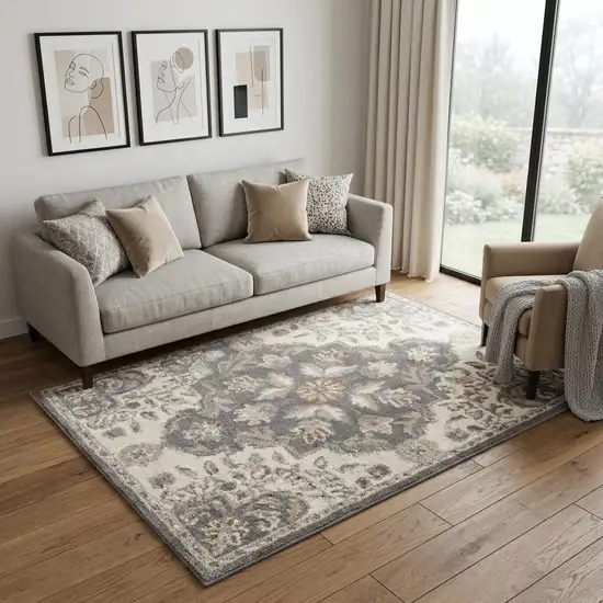 Ivory and Gray Floral Non Skid Area Rug Photo 1