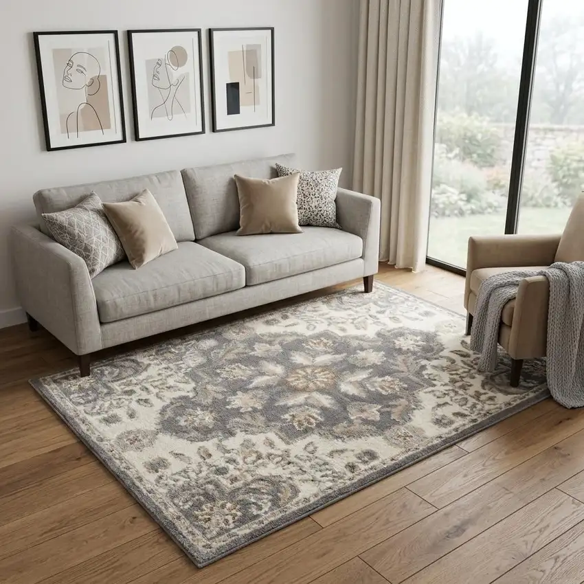 Ivory and Gray Floral Non Skid Area Rug Photo 1