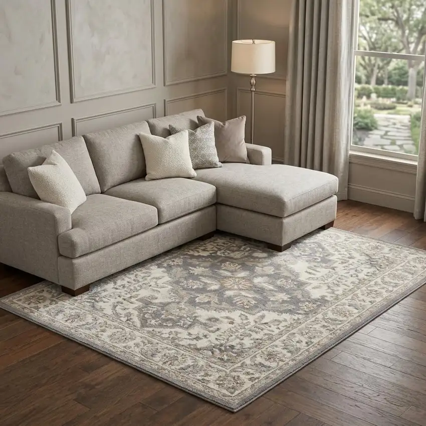 Ivory and Gray Floral Non Skid Area Rug Photo 1