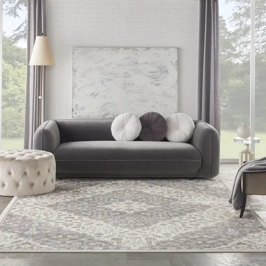 Ivory and Gray Floral Non Skid Area Rug Photo 4