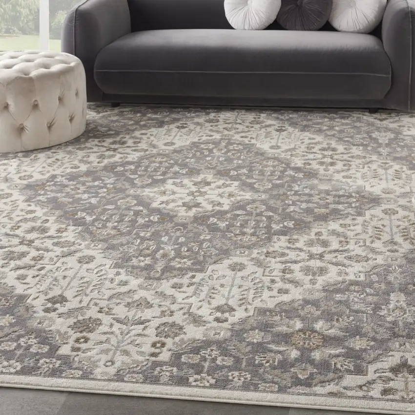 Ivory and Gray Floral Non Skid Area Rug Photo 3
