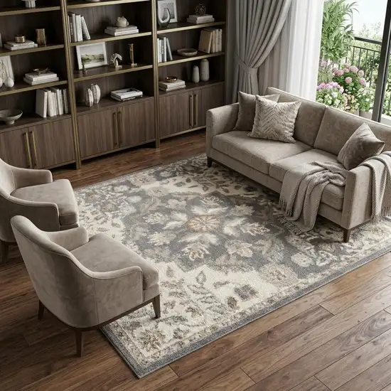 Ivory and Gray Floral Non Skid Area Rug Photo 1