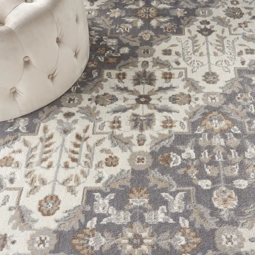 Ivory and Gray Floral Non Skid Area Rug Photo 9