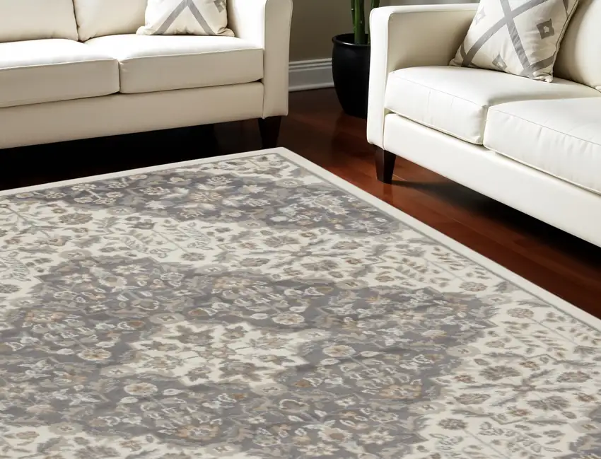 Ivory and Gray Floral Non Skid Area Rug Photo 1