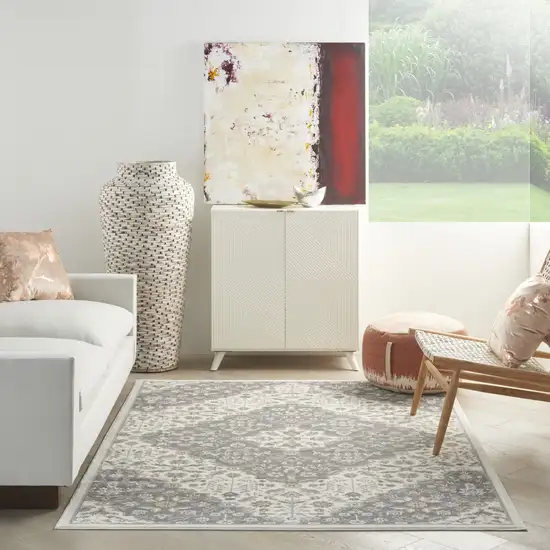 Ivory and Gray Floral Non Skid Area Rug Photo 4