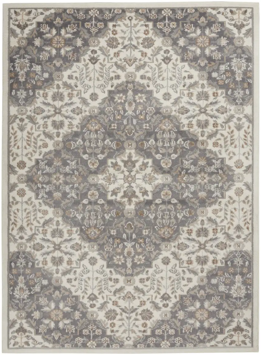 Ivory and Gray Floral Non Skid Area Rug Photo 2