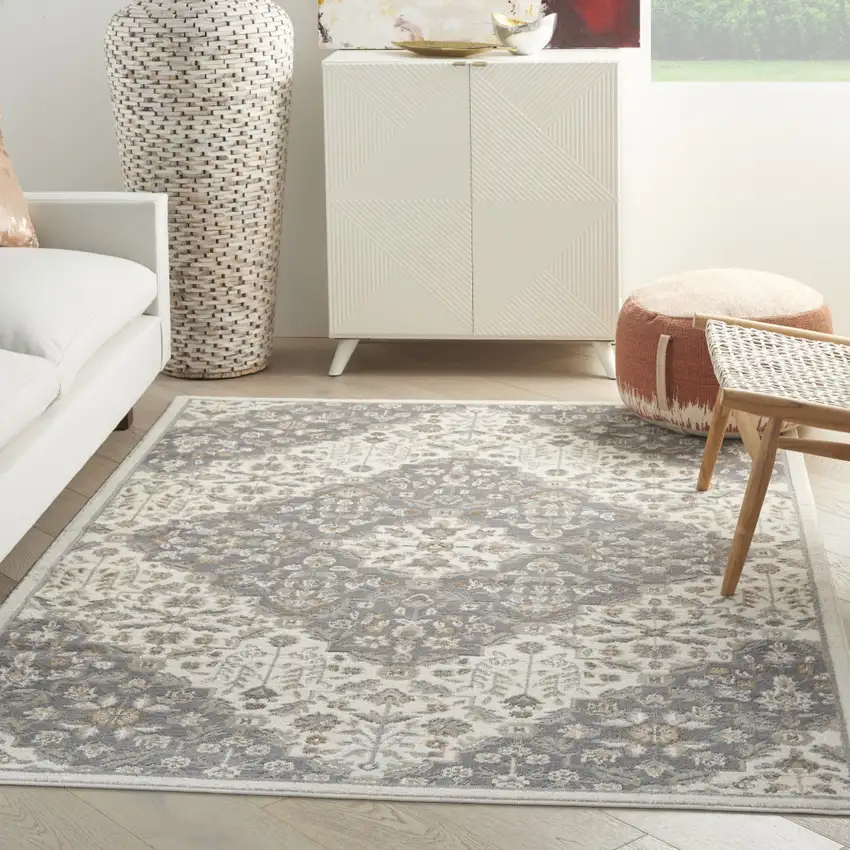 Ivory and Gray Floral Non Skid Area Rug Photo 3