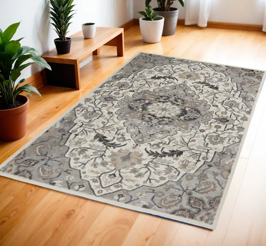 Ivory and Gray Floral Non Skid Area Rug Photo 1