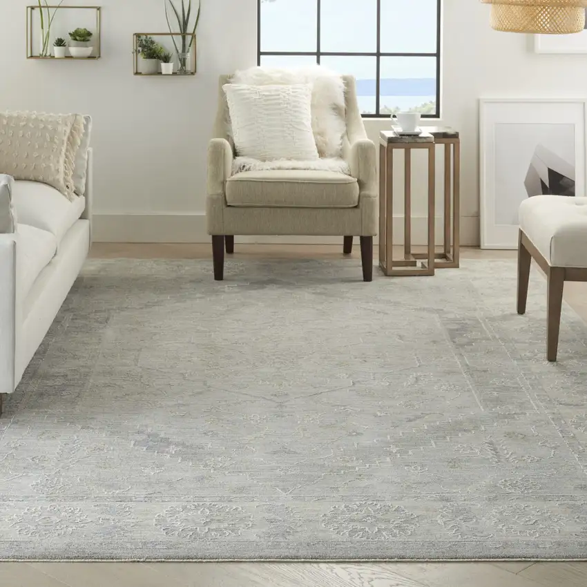 Ivory and Gray Floral Power Loom Area Rug Photo 7