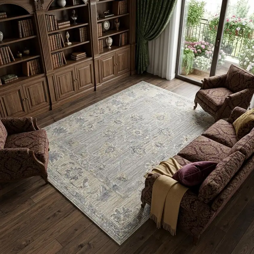 Ivory and Gray Floral Power Loom Area Rug Photo 1