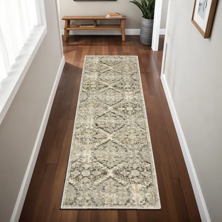 Ivory and Gray Floral Trellis Indoor Runner Rug Photo 3