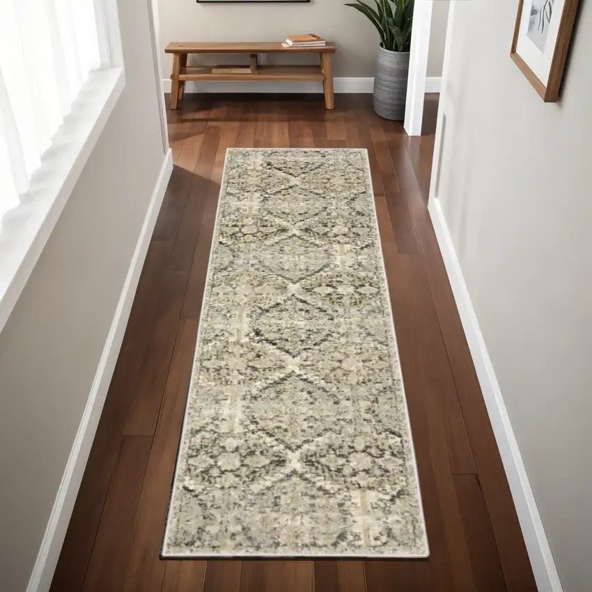 2' X 8' Ivory And Gray Floral Trellis Indoor Runner Rug Photo 1