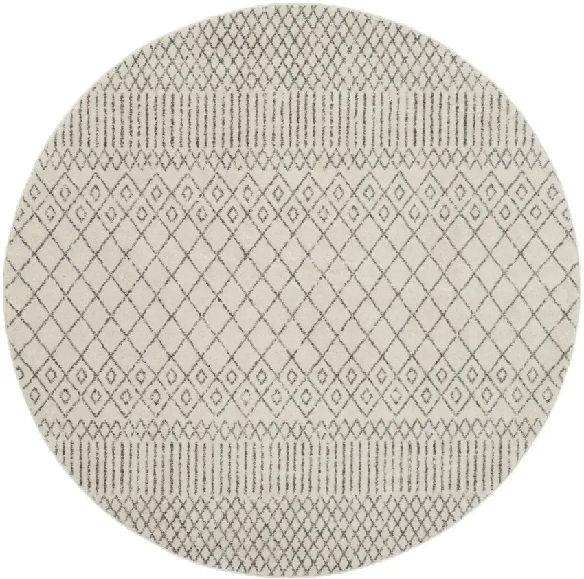 8' Gray And Ivory Geometric Distressed Round Rug Photo 2