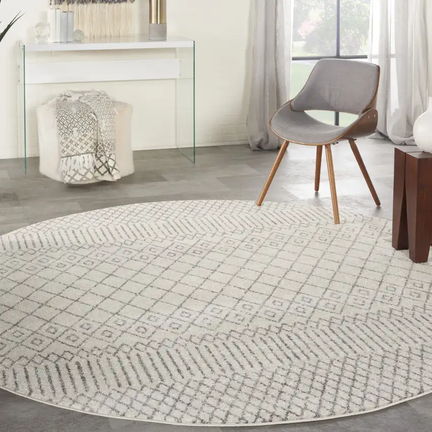 8' Gray And Ivory Geometric Distressed Round Rug Photo 7