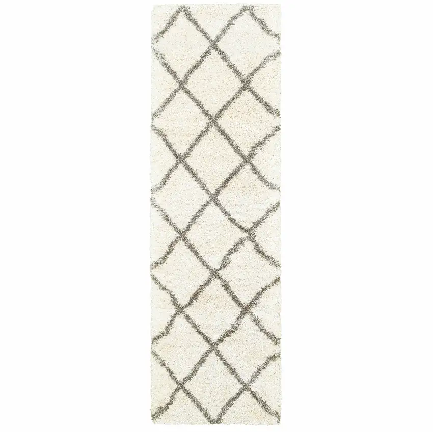 Ivory and Gray Geometric Lattice Runner Rug Photo 1