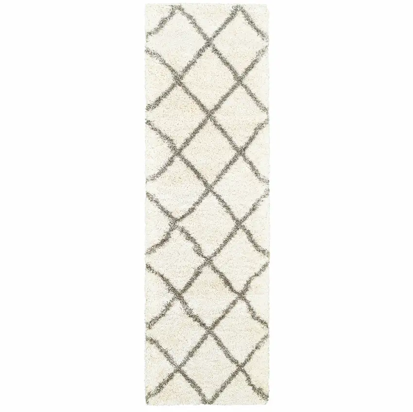 Ivory and Gray Geometric Lattice Runner Rug Photo 5