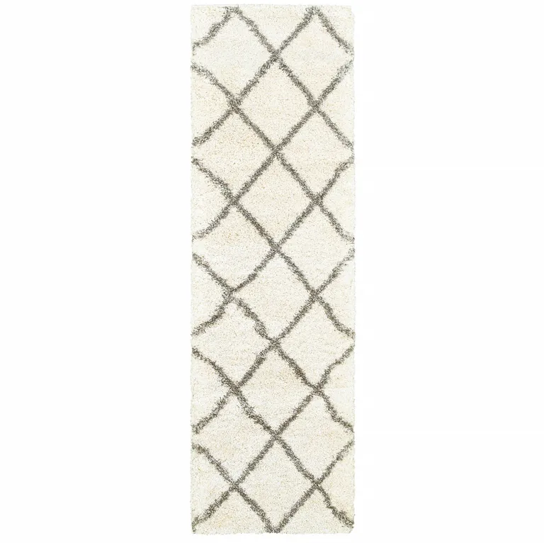 Ivory and Gray Geometric Lattice Runner Rug Photo 3