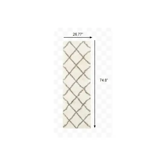 Ivory and Gray Geometric Lattice Runner Rug Photo 2