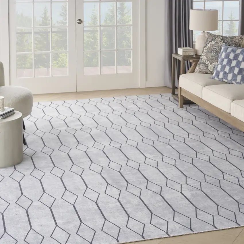 Ivory and Gray Geometric Power Loom Washable Area Rug Photo 6