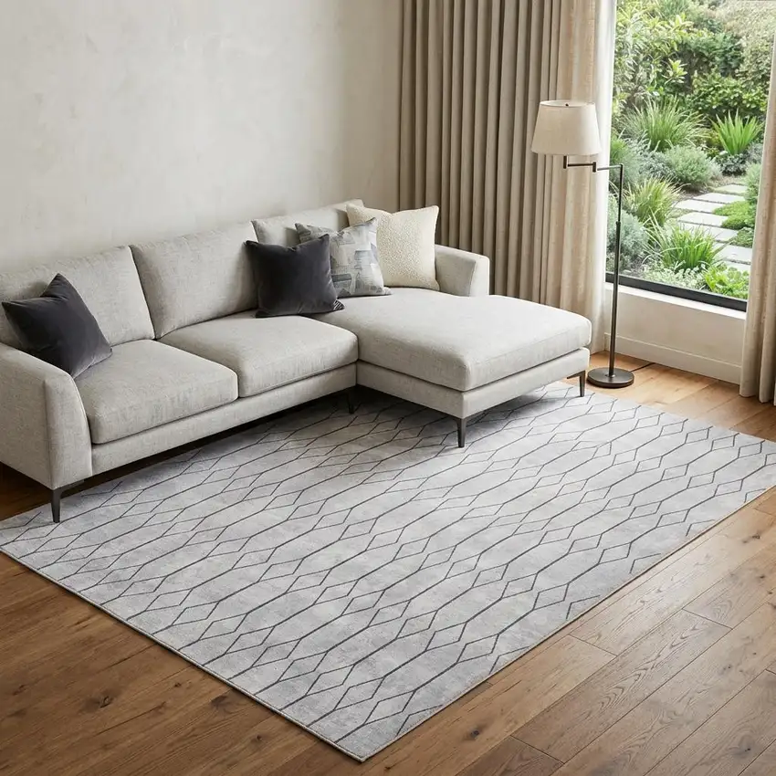 Ivory and Gray Geometric Power Loom Washable Area Rug Photo 1